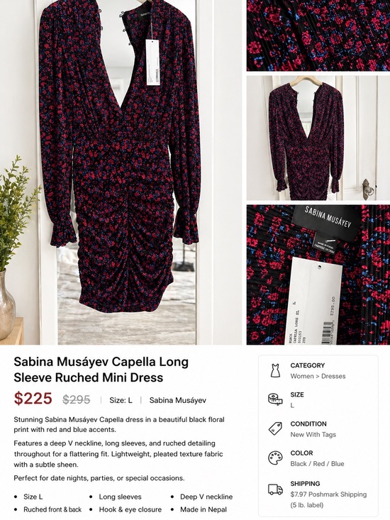 Sabina Musayev Dresses & Skirts - Sabina Musayev Black Floral Ruched Long-Sleeve Mini Dress